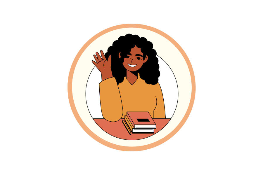 Person with books waving